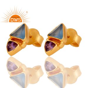 Dernière conception faite à la main améthyste naturelle et calcédoine bleue pierre précieuse boucle d'oreille bijoux de mode pour les femmes cadeau pour elle - Product Image 2