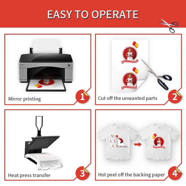 Hojas de papel de transferencia de inyección de tinta de tamaño A4 de alta calidad papel de transferencia de calor de tela ligera para camisetas