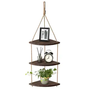 Wooden Rustic Display Rope Shelves Home Decorate Storage Organizer Shelves For Living Room Bedroom Hanging Rope Acacia Shelves