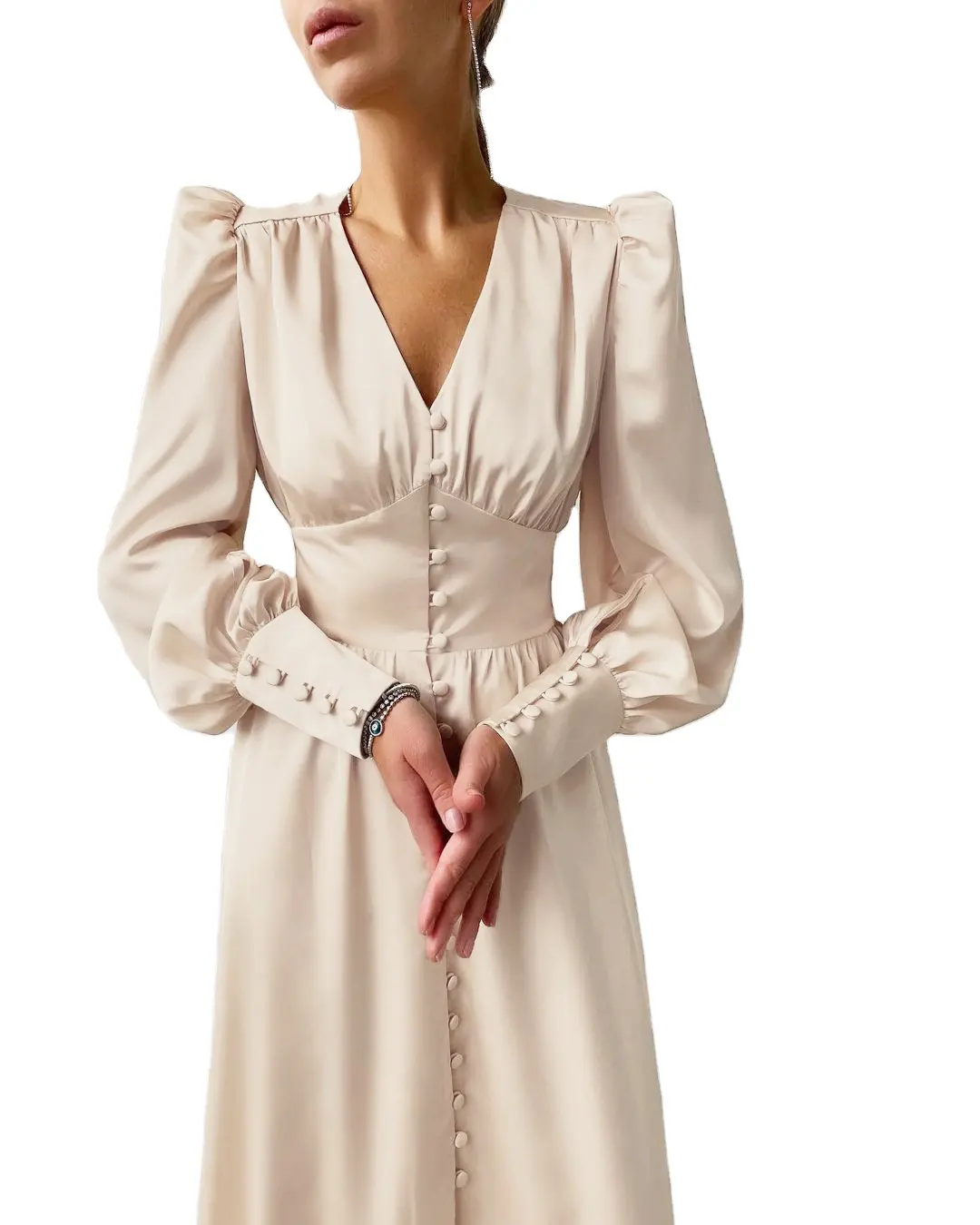 Lancai Womens Vintage Eine Linie seidig Satin weiches langes Kleid V-Ausschnitt lange geschwollene Ärmel Abdeckung Knöpfe Knopfleiste elegantes Damen kleid
