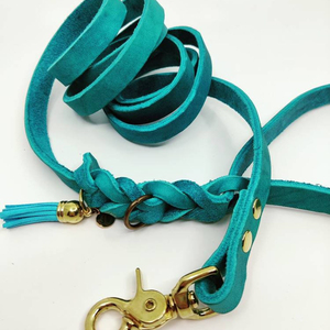 Genuine TURQUOISE and Brass Leather Dog Lead 2m, Braided Soft Grippy Leather Dog <b>Leash</b>, READY MADE Ship Tomorrow - Product Image 1