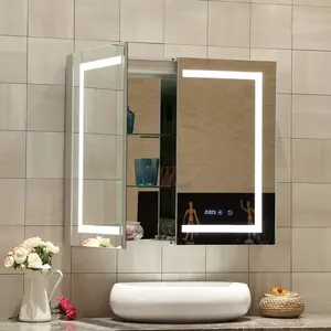 Шкафчик для лекарств большого размера со светодиодной подсветкой для макияжа отеля, светодиодные товары для бритья, зеркало для дома с часами, алюминиевый шкаф для ванной комнаты