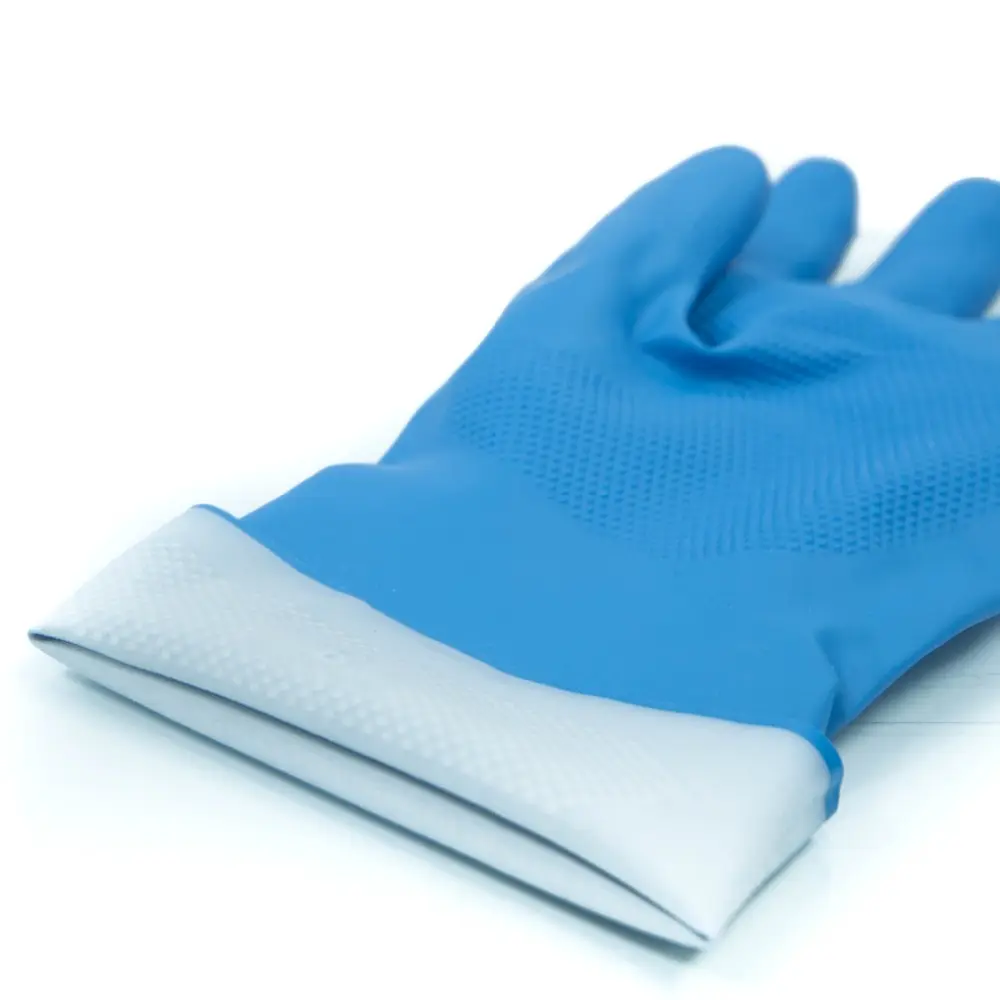 Household gloves cotton flocklined blue thin latex gloves meat filleting good grip ergonomic comfortable reusable rubber gloves