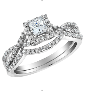 1.00TCW Classic Princess Solitaire Diamond <b>Ring</b> <b>Set</b> with Micro Insert in 10K White <b>Gold</b> and Round Accent Stones for Weddings - Product Image 1
