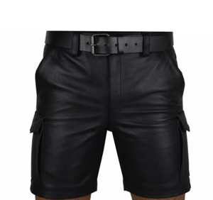 Shorts cargo pour homme en cuir véritable noir, taille mi-haute, style streetwear, écologiques, respirants, tissu en maille à séchage rapide, motif uni - Product Image 2