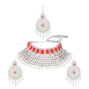 ชุดสร้อยคอโชกเกอร์ไข่มุกปลอมสำหรับเจ้าสาวในอินเดียประดับด้วยเม็ดเพชรคริสตัลสีแดงสำหรับงานแต่งงานและงานเลี้ยง - Product Image 1