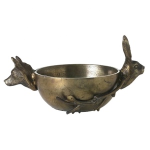 Vintage Handmade Metal Bowl With Fox And <b>Rabbit</b> Handles Decorative Carved Design For <b>Gifting</b> - Product Image 1