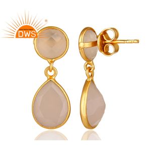 Set de boucles d'oreilles pendantes en argent plaqué or 18k, boucles d'oreilles goutte, fournisseur de bijoux, éléments en pierre précieuse de calcédoine Rose, vente en gros - Product Image 3