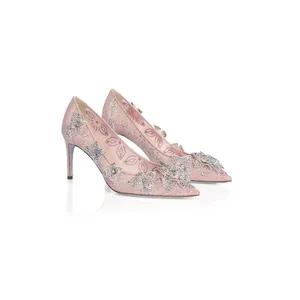 Sandales à talons hauts pour femmes, sexy, couleur rose, avec design fleurs, escarpins scintillants et scintillants, chaussures