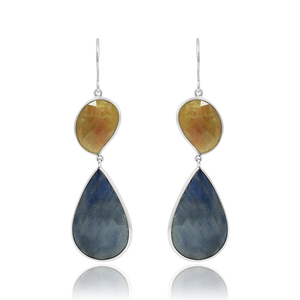 Pendientes Colgantes Delicados de Plata de Ley 925 con Corindón Amarillo Orgánico y Cuarzo Azul - Joyería de Lujo Moderna para Bodas y Fiestas - Product Image 1
