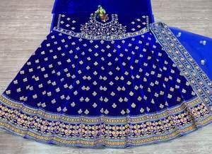 Lehenga-Blusa de trabajo de seda de terciopelo, azul real, bordado pesado, para boda - Product Image 3