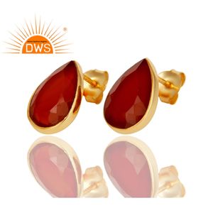Natural Carnelian Gemstone Pear Shape Trendy <b>Wedding</b> Stud <b>Earrings</b> 14k Gold Plated 925 Sterling <b>Silver</b> Flat Back - Product Image 2