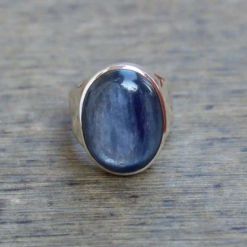 Produsen Batu Permata Biru Kyanite Alami Perak Murni 925 Buatan Tangan Boho Cincin Trendi Band Lebar