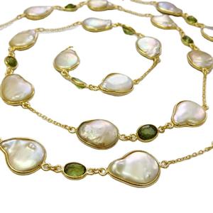 Everyday Wear 925 Sterling Silver <b>Gold</b> Plated Peridot and Baroque Pearl 90 Cms. Long Chain Necklace - Product Image 1