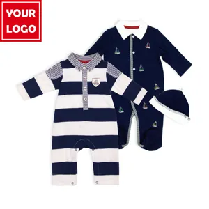 JOYUAN giyim üreticisi BR19081014 bebek romper-lacivert % 100% pamuk özel çocuk özel pijama ile BEANIE