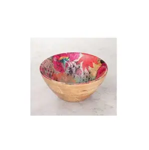 最新设计珐琅印花装饰木质沙拉碗带盖和服务器定制颜色芒果木碗带抛光
