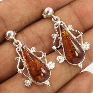 Natural naranja ámbar 10x21mm pera cabujón piedras preciosas facetadas pendientes regalo para ella mejor vendedor hecho a mano 925 plata esterlina - Product Image 1