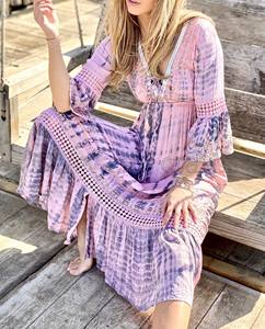 Las mujeres con estilo bohemio de verano, vestidos de tinte de corbata de las mujeres con vestidos largos de manga larga vestido Maxi - Product Image 2