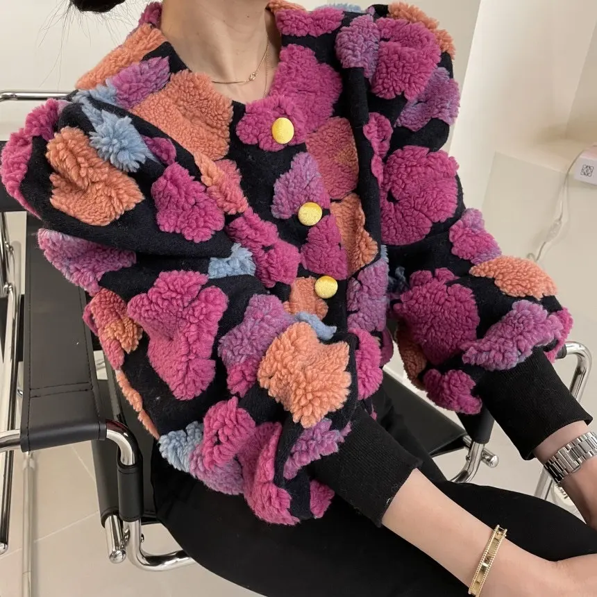 New Spring Single Breasted Knitted Cardigan Round Neck Color Matching Loose Puff Sleeve Stripe Sweater Coat Women