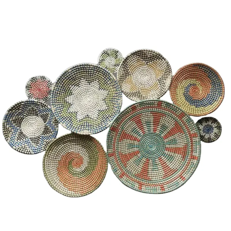 Hot Sale Collection Set of 9 Basket Wall Decor Boho Style Seagrass Wall Hanging Wicker Straw Fruit Tray Placemat Vietnam