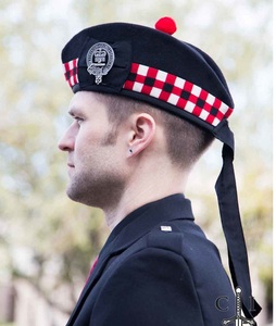 Glengarry <b>Hat</b> Black With Red White Check <b>Band</b> 100 Wool Hand Embroidered Badge Male Formal Four Seasons Adult Size 56-58CM - Product Image 1