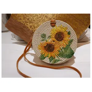 New Collection Eco Handmade Rattan Woven Straw Bag, Crossbody bag with Leather Strap, White Color and Flower Painting bag