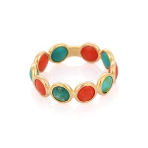 Anillo eternidad de Coral Natural y turquesa para hombre y mujer, sortija apilable de oro amarillo fino de 18K, joyería personalizada al por mayor - Product Image 3