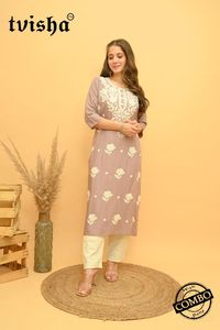 สีเขียวธรรมชาติของงานปักหนัก Kurti พร้อมกางเกงชุดคอมโบ,เรยอน Slub 14กก. ด้านบนและด้านล่างโดยรอยัลส่งออก - Product Image 2