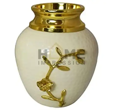 white enamel & gold plated flower vase with gold leaf attachment