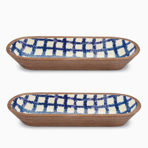 Plateau de service en bois à texture émaillée bleue et blanche - Product Image 1