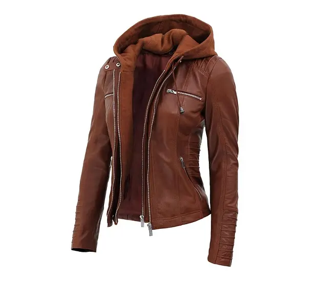 Women Brown Cafe Racer Leather Jacket With Removable Hood