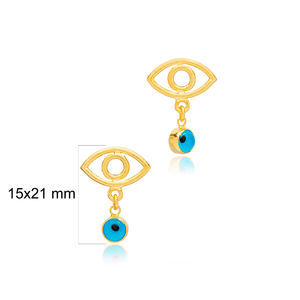 Boucles d'oreilles en plaqué or 22K, 925 bijoux, perles bleues, motif œil minimaliste, turc, vente en gros, nouvelle collection - Product Image 2