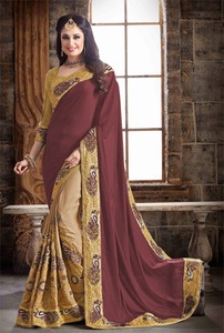 เสื้อส่าหรีดีไซน์เนอร์บอลลีวู้ดผ้าไหมเนื้อนุ่มพิมพ์ลายดิจิตอลสีแสดเข้มพร้อมเสื้อเสื้อผ้าอินเดียดีไซน์ดอกไม้ - Product Image 2