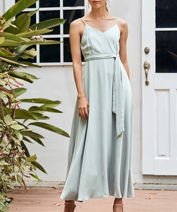 Ropa de verano tendencia de moda color gris lino 100% algodón sólido cuello redondo hasta el suelo vestido sexy de lino formal - Product Image 1