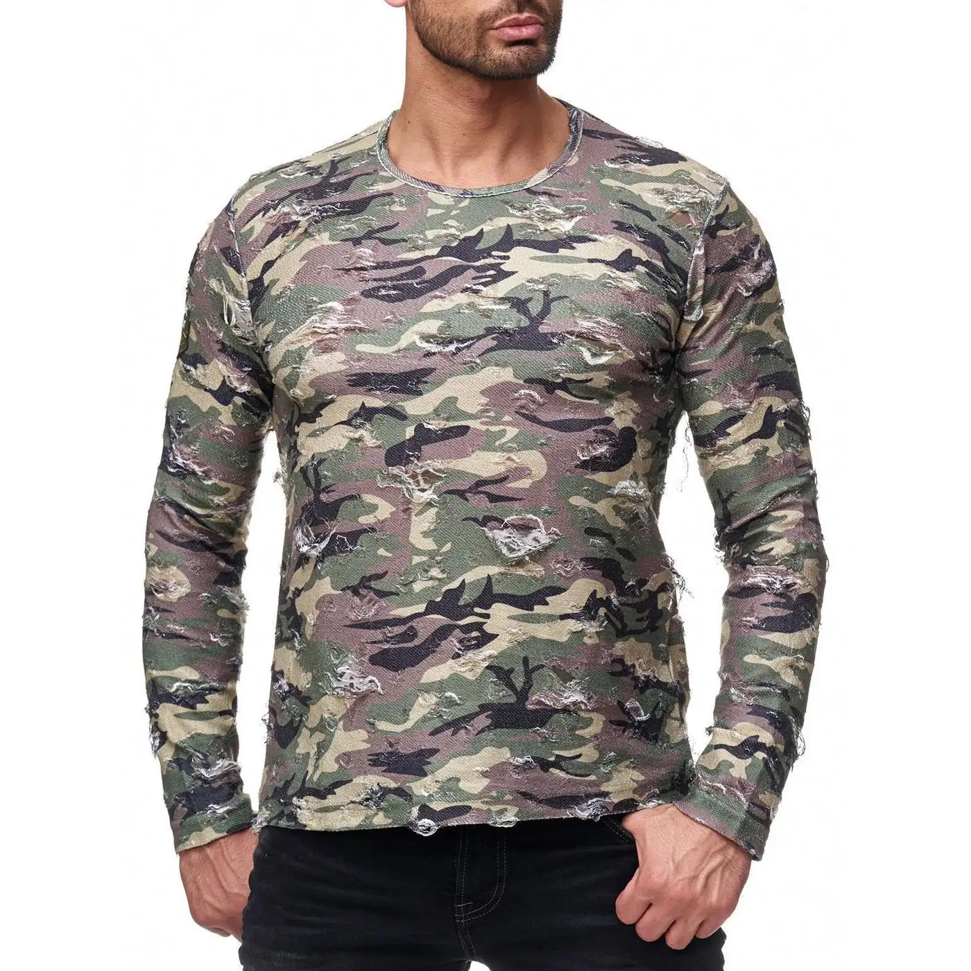 Factory Direct Sale Men Best Material Long Sleeve Camo Print T Shirt