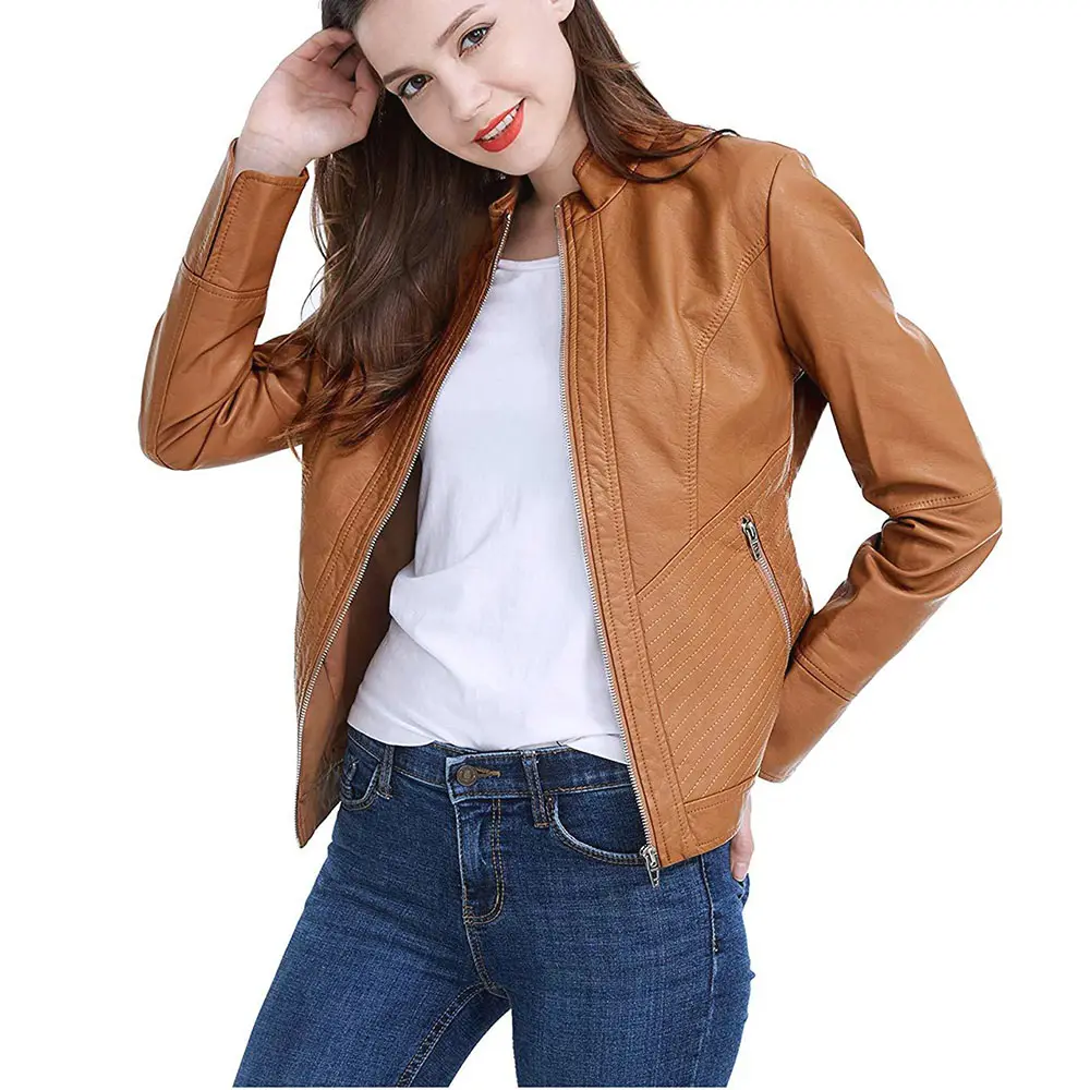 High Quality Women Fashionable Leather Jackets Zip Up Style Brown Color Ladies Jackets