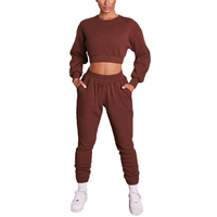Ensemble de survêtement décontracté pour femme 2021 – Haut court en coton et pantalon de jogging – Technique délavée, écologique, séchage rapide