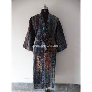 Vestido largo de algodón con parche Ajrakh para mujer, ropa de dormir acolchada hecha a mano, estilo Kimono, albornoz, color azul Indigo, venta al por mayor - Product Image 6