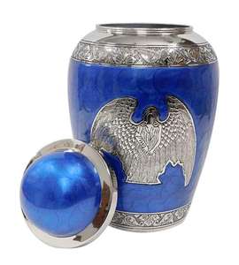 โกศบรรจุอัฐิสำหรับผู้ใหญ่ ทำจากอะลูมิเนียม/ทองเหลือง  ตกแต่งด้วยสีเงินและเคลือบสีน้ำเงิน - Product Image 2