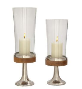 Elegant <b>Silver</b> Aluminum Wooden Candle Stand Set of 2 with Clear Glass and Tapered Candle Holder Decorative <b>Candlestick</b> Holder - Product Image 1