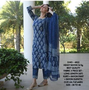 Tela de rayón pesado de la mejor calidad, longitud larga, Kurti, con estampado Indigo + rayón, pantalón estampado + rayón Dupatta - Product Image 2
