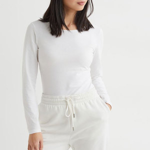 Camiseta básica de manga larga con cuello redondo para mujer, Top liso de algodón elástico, camiseta de manga larga S M L - Product Image 4