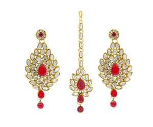 Mariage traditionnel indien et vêtements de fête plaqué or Kundan CZ collier rouge boucles d'oreilles Maang Tikka ensemble de bijoux pour femmes pour cadeau - Product Image 3