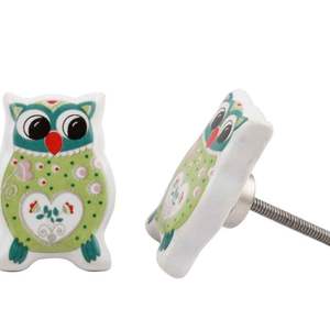 Kak — boutons de tiroirs en céramique faits main, poignées de porte et placard, en forme de hibou plat, faane verte, pour commode ou armoire, vente en gros - Product Image 1