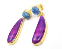 Ensemble de boucles d'oreilles clous en argent sterling plaqué or avec agate violette, druzy bleu et perle d'eau douce, serti clos, fait main, double