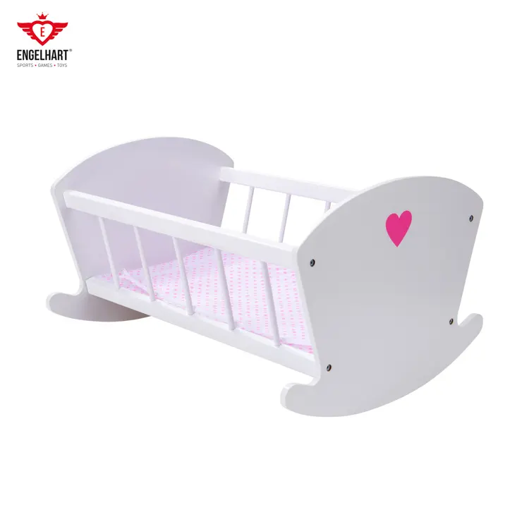 Angel Girl Toys High Quality Wooden Dolls Rocking Bed with Blankets White & Pink Wooden Dolls Bed Children Fun Educational Toys