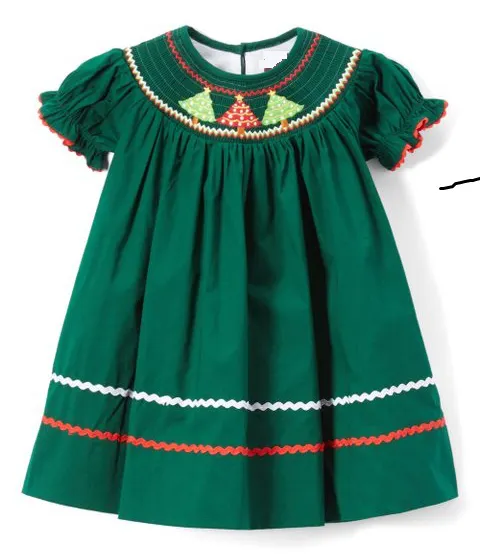 Green Christmas Tree smocked bishop dress for girls