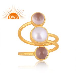 Bague en laiton plaqué or, pierre précieuse à empiler, perles et Quartz Rose, bijou de fiançailles, 1 pièce - Product Image 4