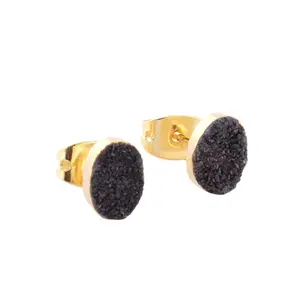 기하학적 모양 천연 검은 설탕 드루지 작은 스터드 귀걸이 금도금 미니멀리스트 푸시 백 스터드 귀걸이 보석 선물