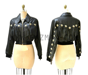 Chaqueta de cuero con flecos para mujer negro occidental transpirable - Product Image 4